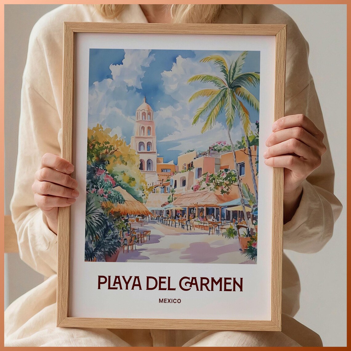 Playa Del Carmen Mexico Church Tower Palm Beach Watercolor Travel Poster