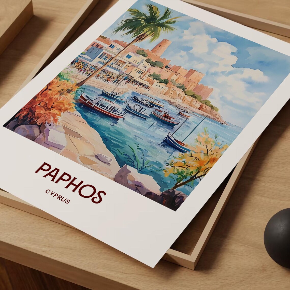 Paphos Cyprus Harbor Boats Castle Palm Watercolor Travel Poster - Image 2