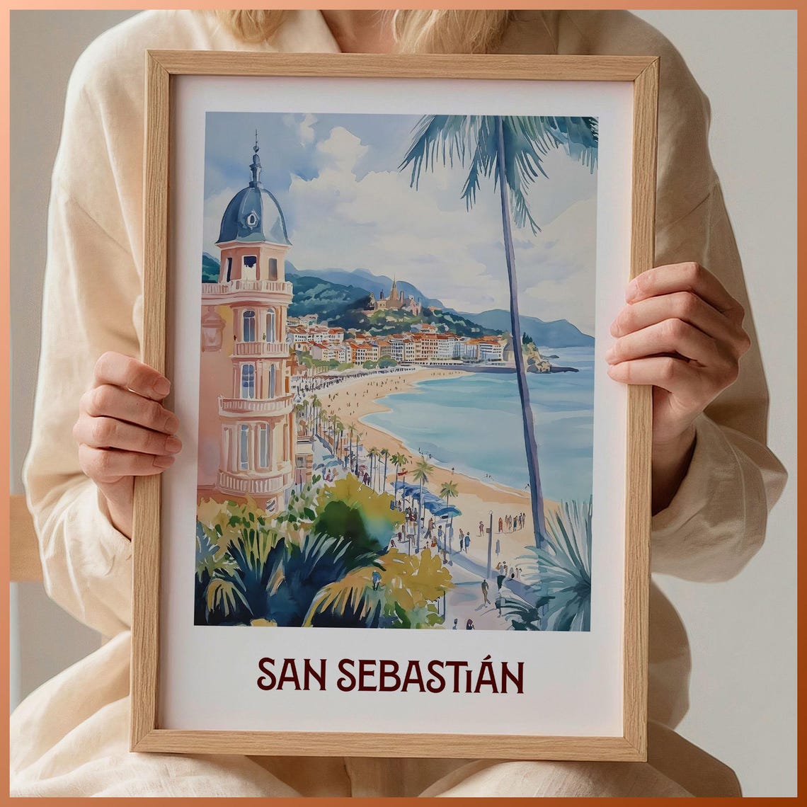 San Sebastian Spain Beach Promenade Watercolor Travel Poster