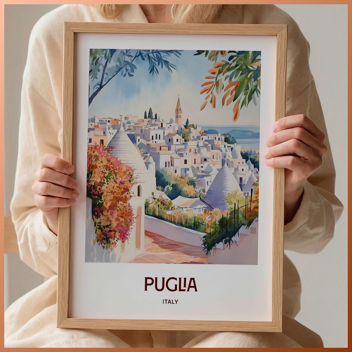 Puglia Italy Trulli Village Bougainvillea Watercolor Travel Poster