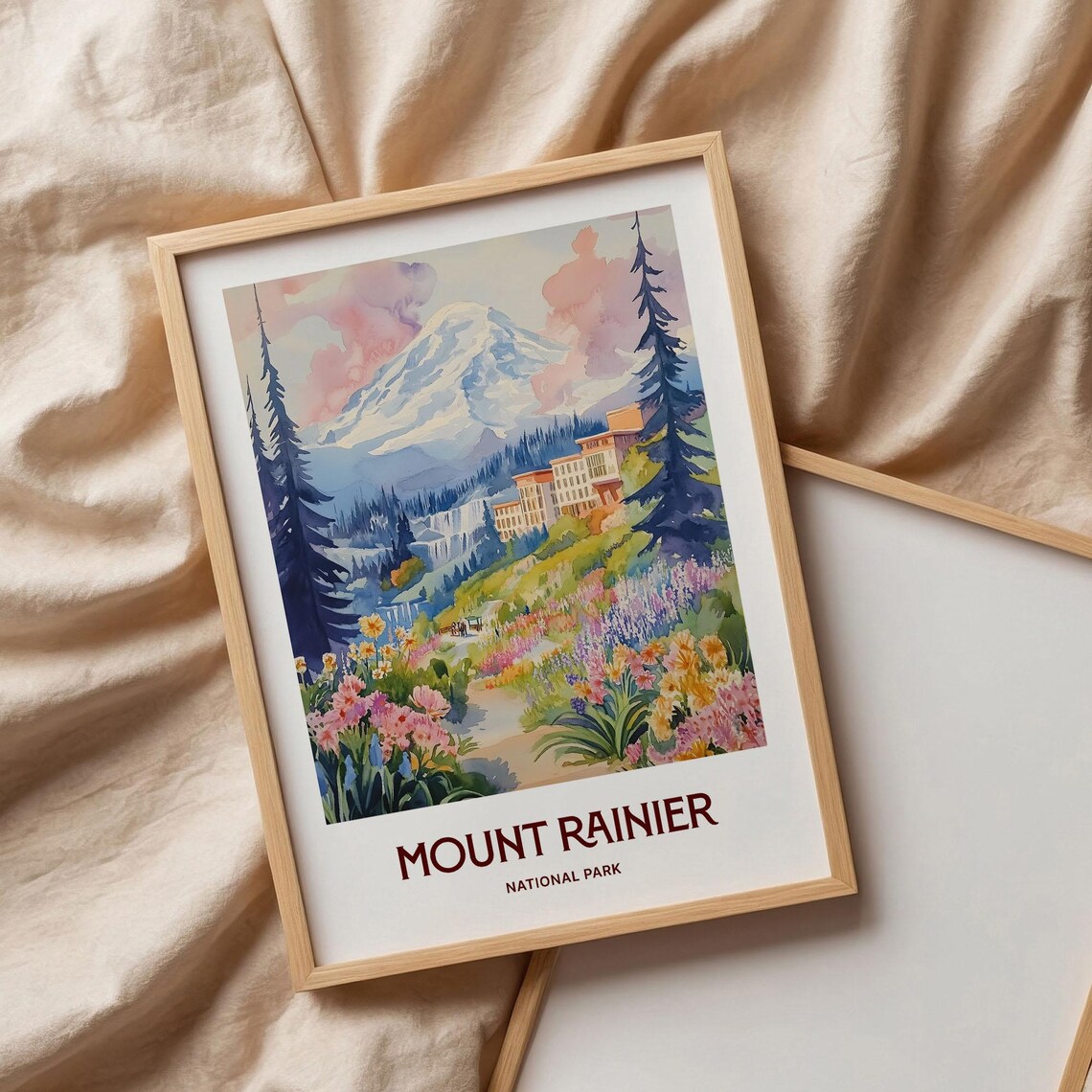 Mount Rainier National Park Wildflower Watercolor Travel Poster
