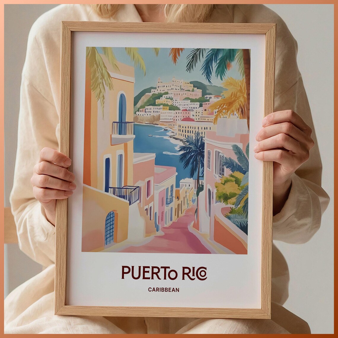 Puerto Rico Pastel Watercolor Caribbean Coastal Town Travel Poster