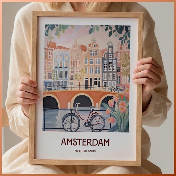 Amsterdam Netherlands Canal Bridge Bicycles Tulips Art Poster