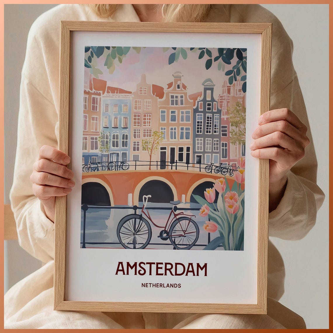 Amsterdam Netherlands Canal Bridge Bicycles Tulips Art Poster