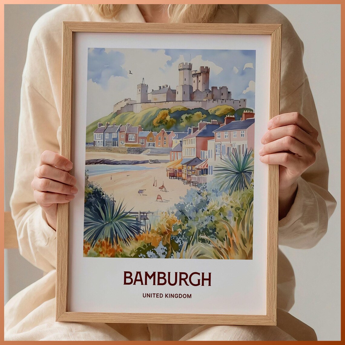 Bamburgh Castle Beach United Kingdom Watercolor Travel Poster