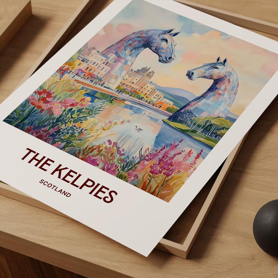 The Kelpies Scotland Watercolor Horse Sculptures Canal Flower Art Poster - Image 2