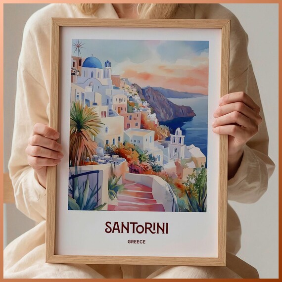Santorini Greece Blue Dome Church Watercolor Island Travel Poster