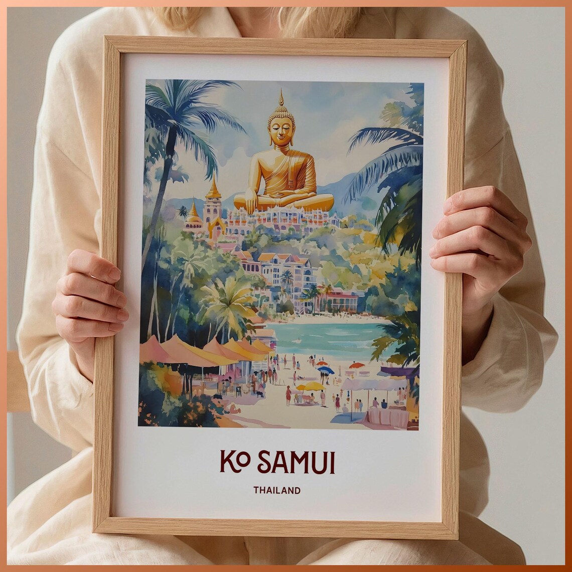 Ko Samui Thailand Golden Buddha Beach Watercolor Travel Poster