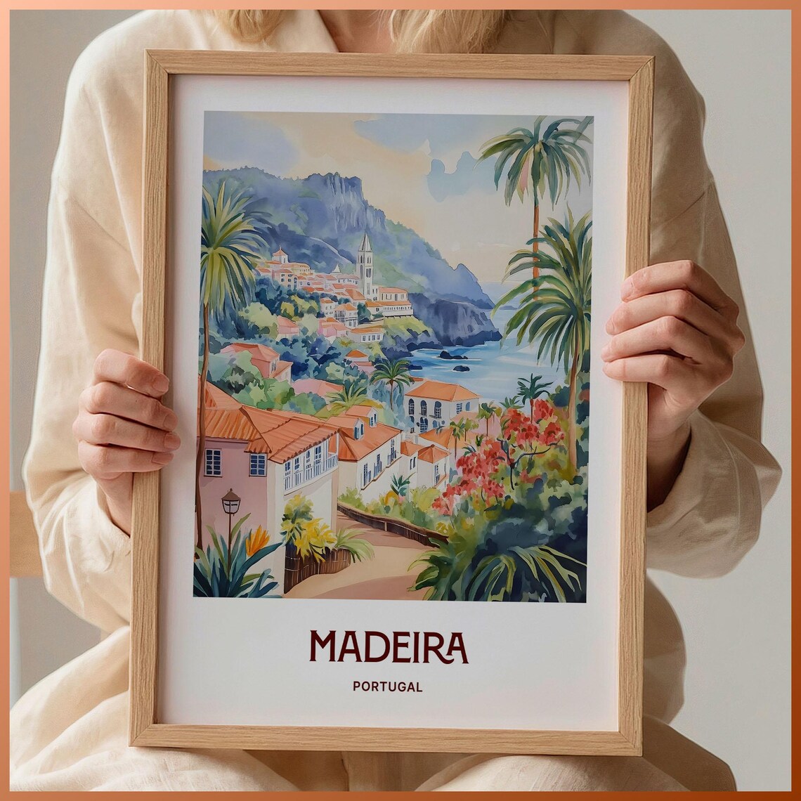 Madeira Portugal Coastal Town Cliffs Watercolor Travel Poster
