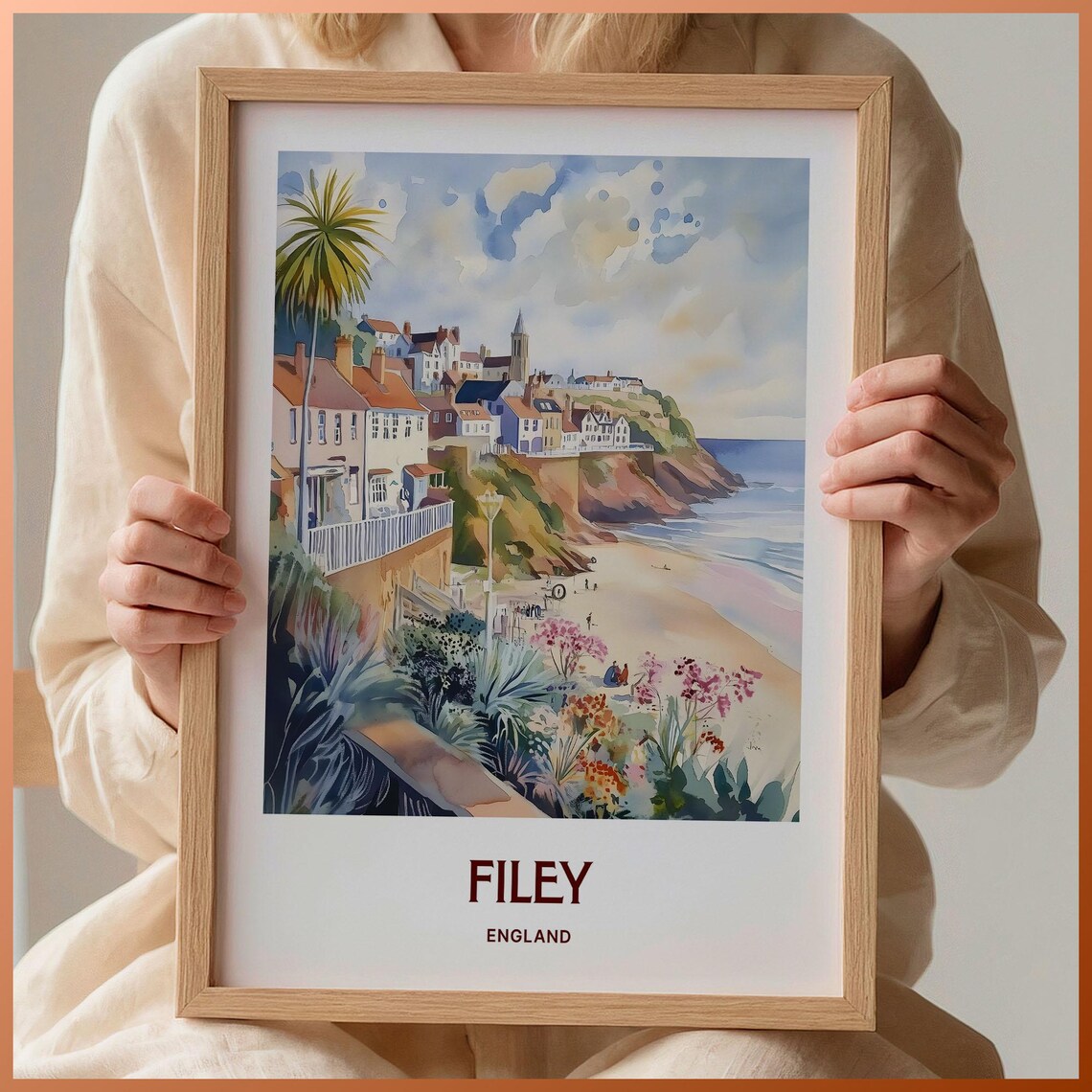 Filey England Watercolor Cliffside Seaside Town Beach Travel Poster