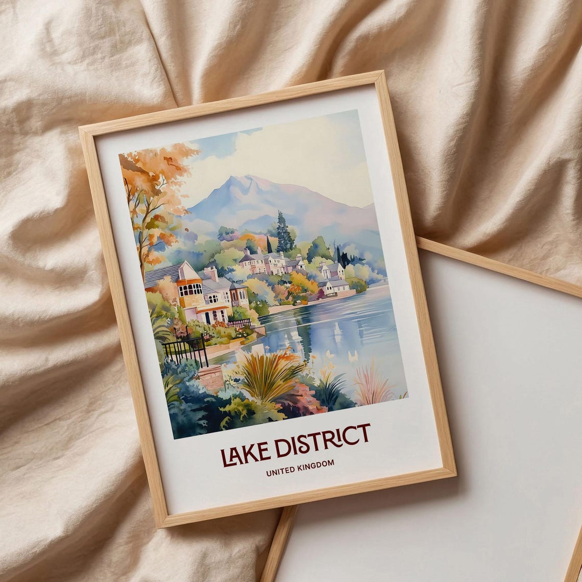 Lake District England Lakeshore Village Watercolor Travel Poster - Image 3