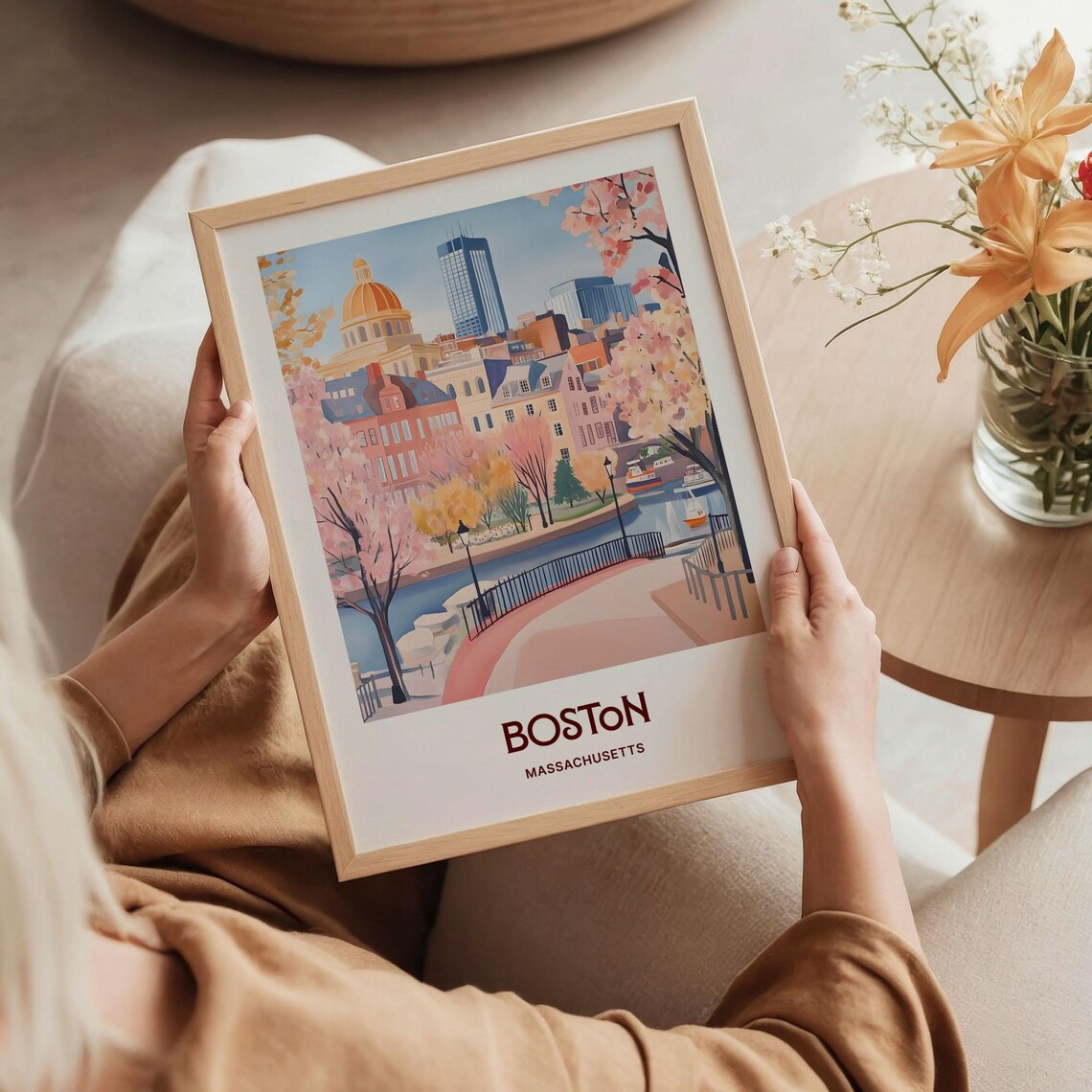 Boston Massachusetts State House Dome Park Boats Watercolor Travel Poster - Image 5