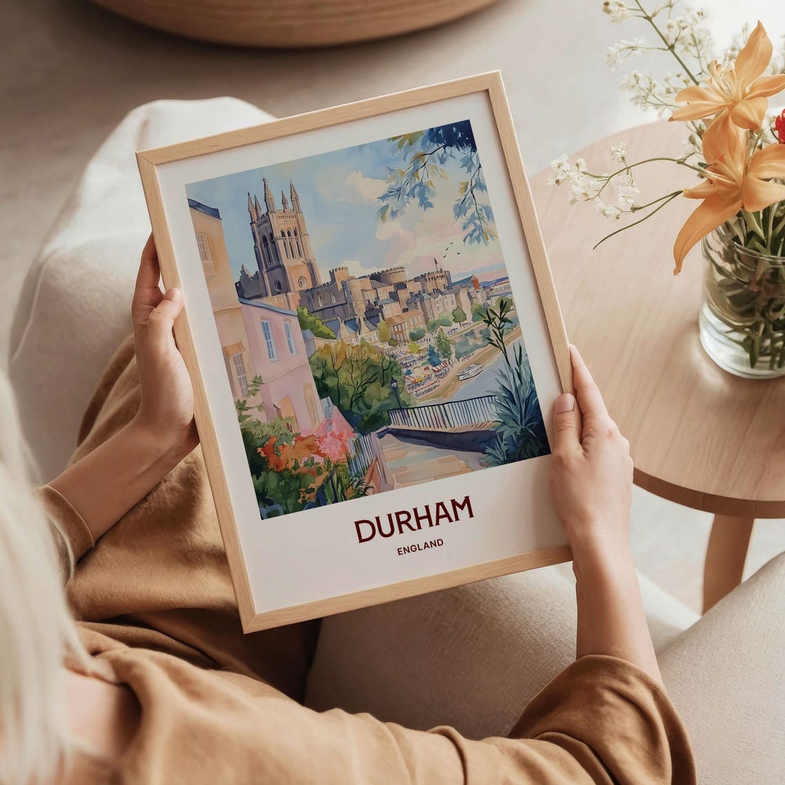 Durham England Watercolor Cathedral Castle River Hillside Town Poster - Image 5