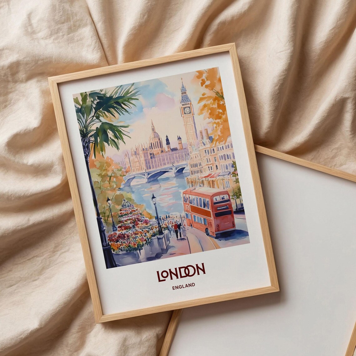 London England Big Ben Westminster Red Bus River Watercolor Travel Poster - Image 3