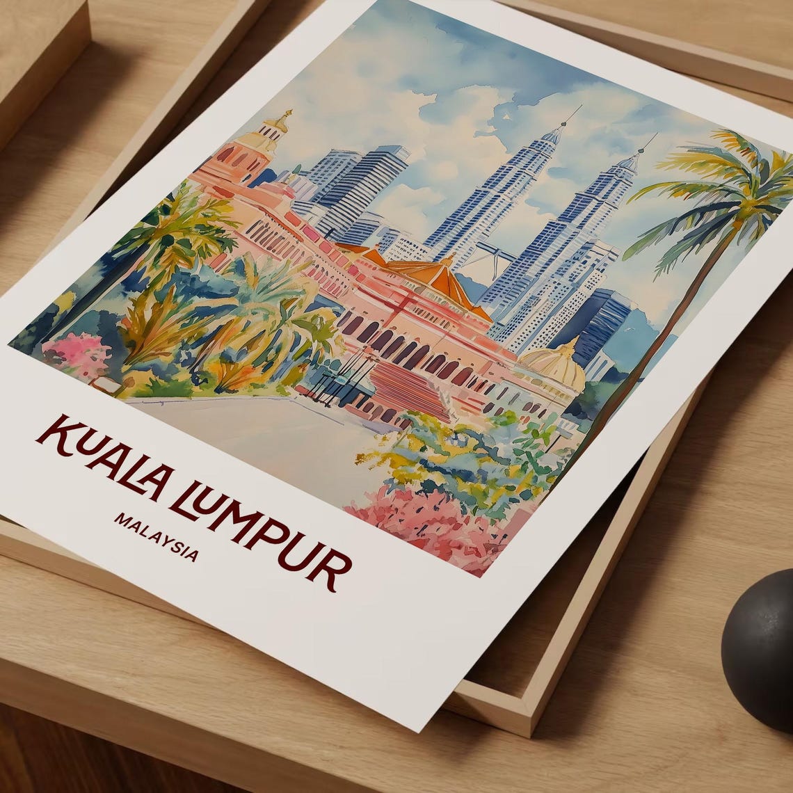 Kuala Lumpur Malaysia Petronas Towers Skyline Watercolor Travel Poster - Image 2