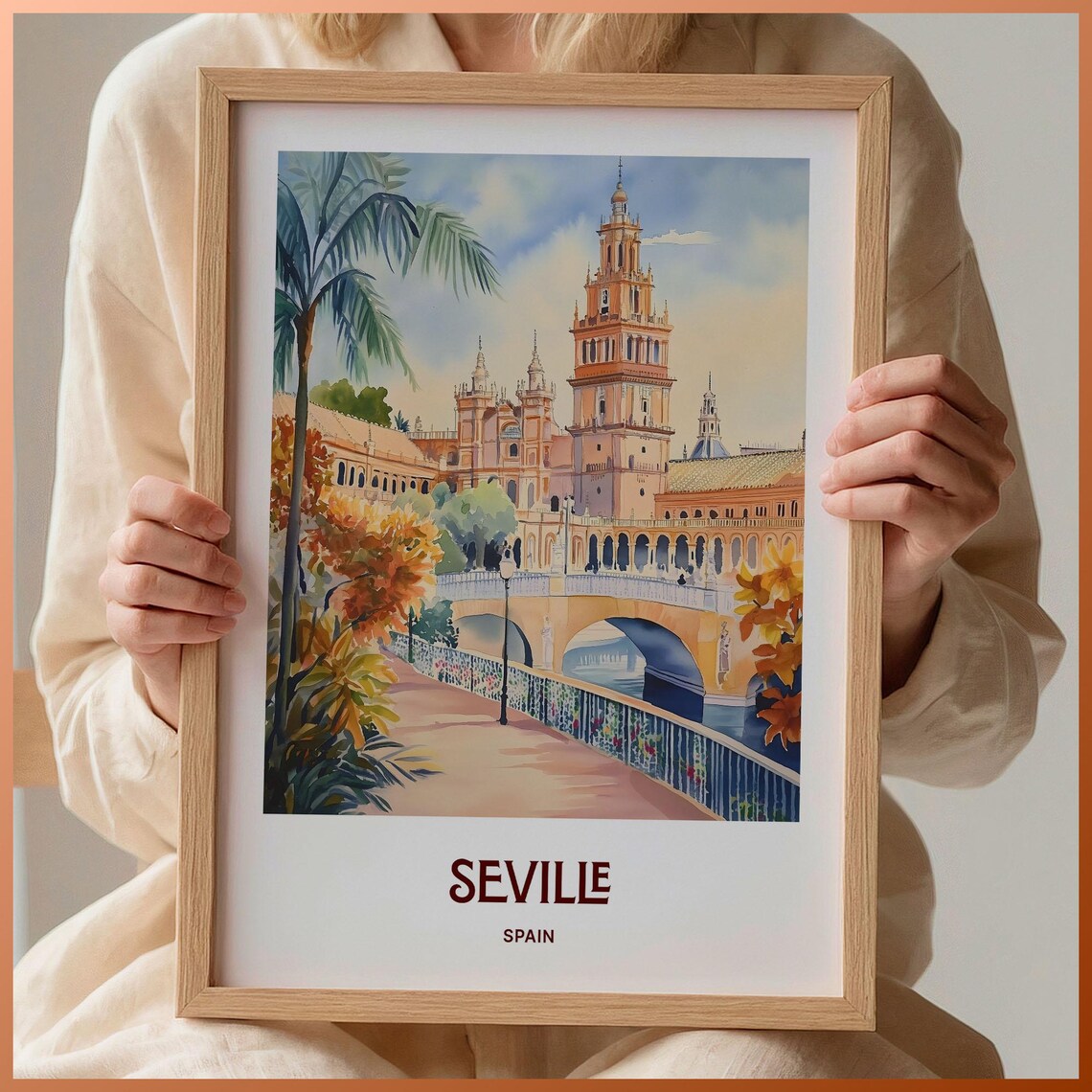 Seville Spain Plaza de Espana Tower Bridge Watercolor Travel Poster