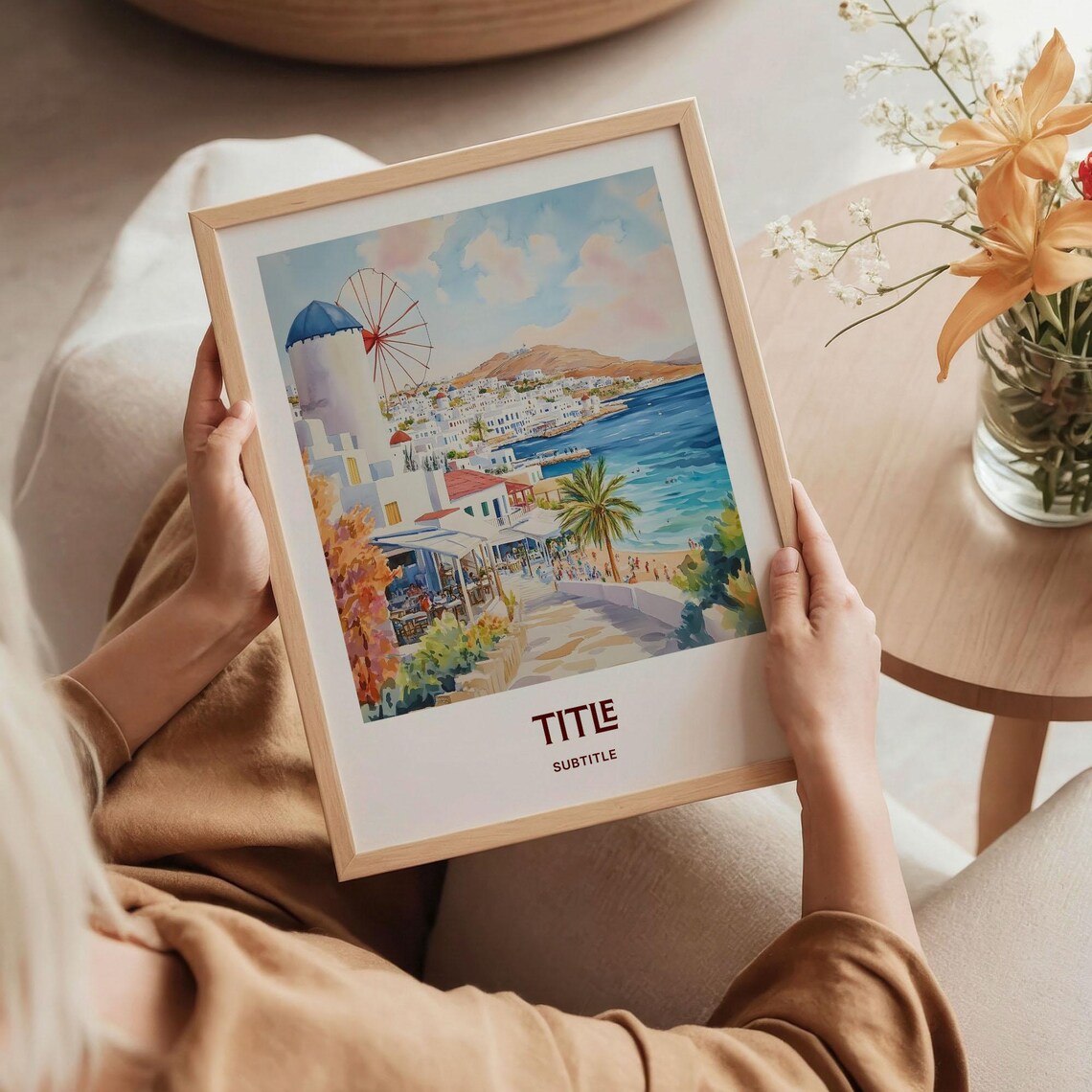 Mykonos Windmill Watercolor Greek Island Harbor Scene Poster - Image 5