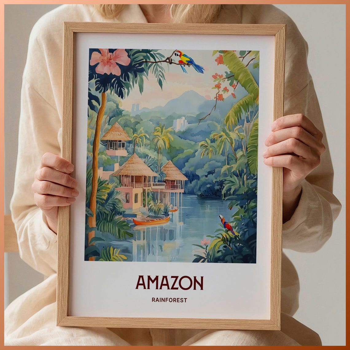 Amazon Rainforest River Stilt Huts Parrots Watercolor Travel Poster