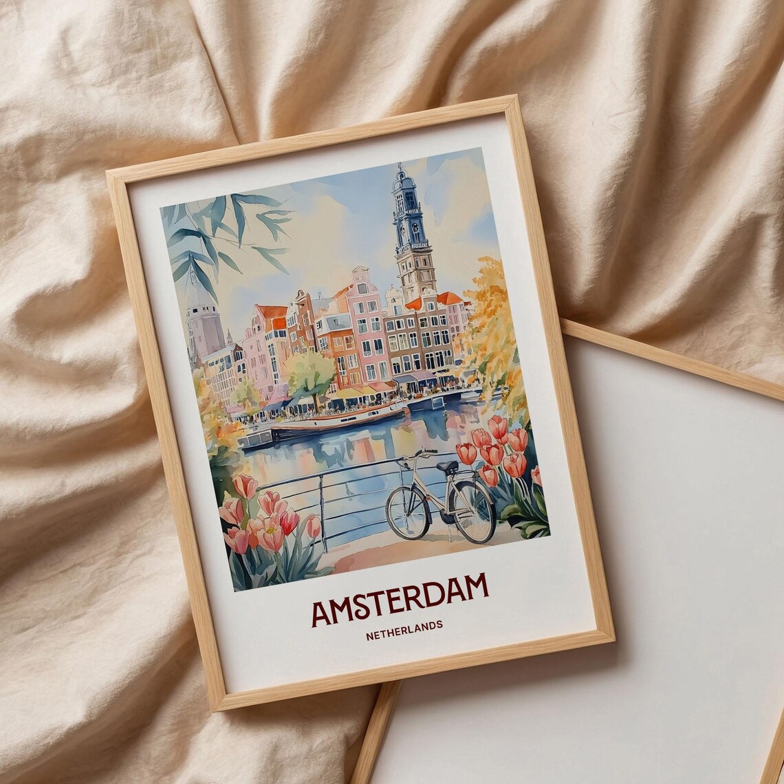 Amsterdam Netherlands Canal Bike Tulips Watercolor Travel Poster - Image 3