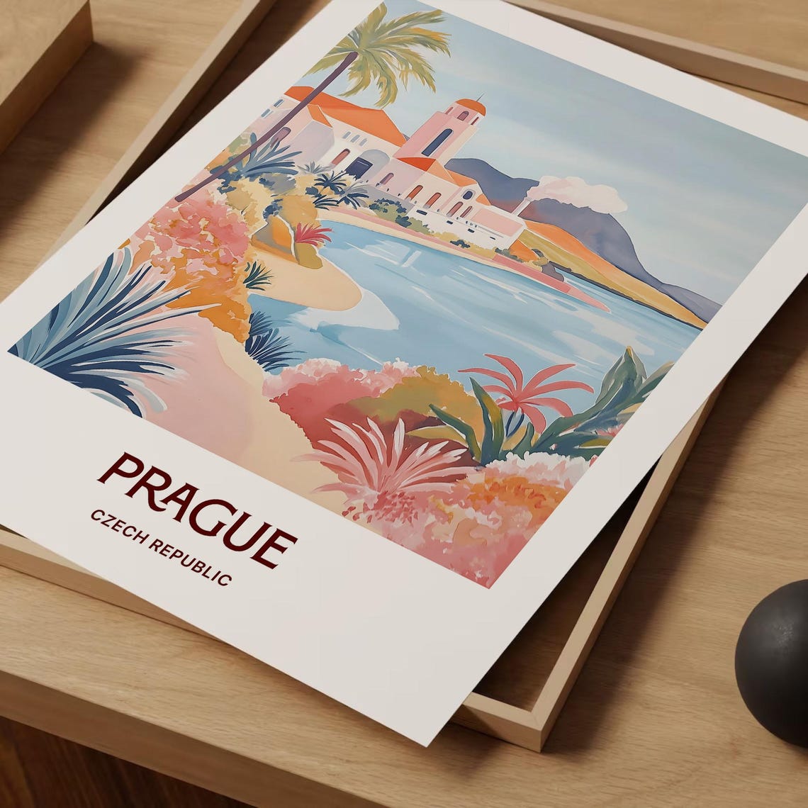 Prague Czech Republic Tropical Palm Waterfront Artwork Scene Poster - Image 2