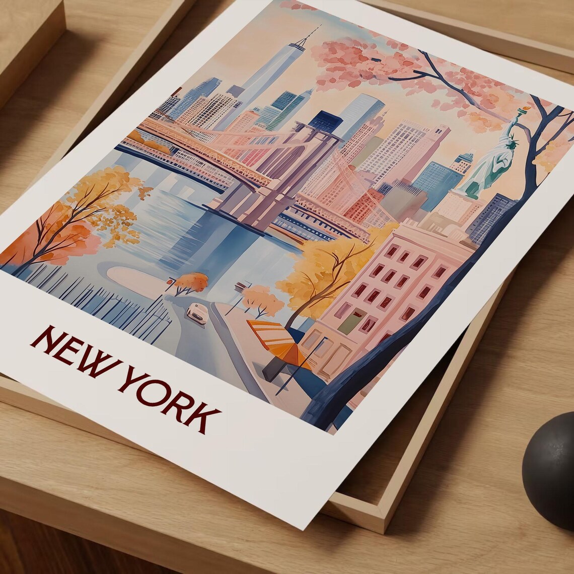 New York Brooklyn Bridge Statue Of Liberty Blossom Watercolor Travel Poster - Image 2