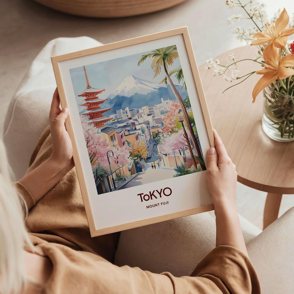 Tokyo Mount Fuji Pagoda Cherry Blossom Watercolor Travel Poster - Image 5