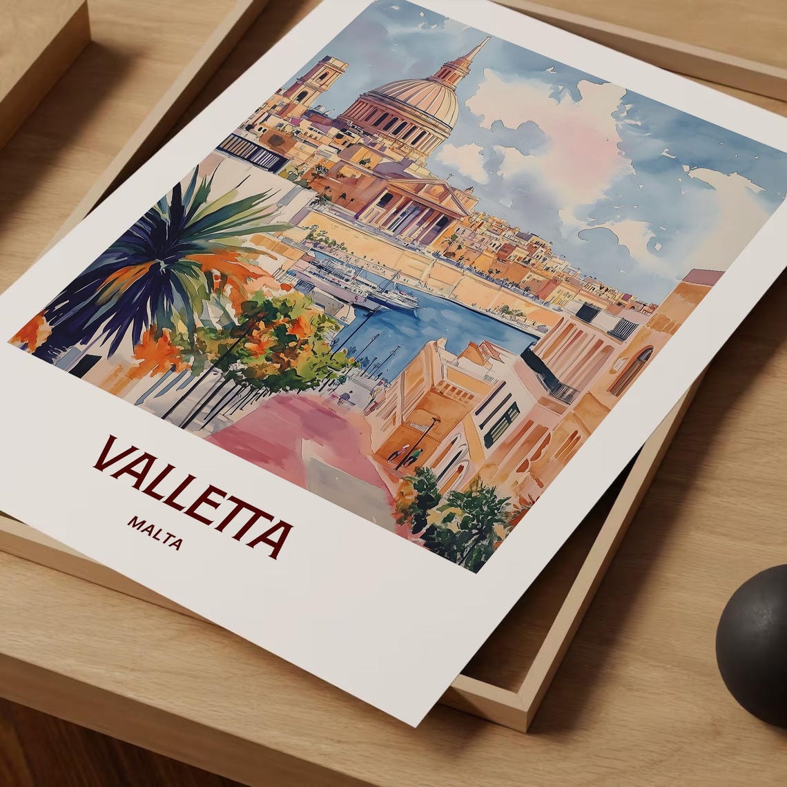 Valletta Malta Harbour Dome Basilica Watercolor Travel Poster Gift - Image 2