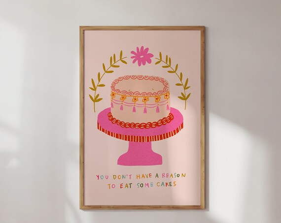 Fun Birthday Cake Illustration Pink Dopamine Kitchen Wall Art