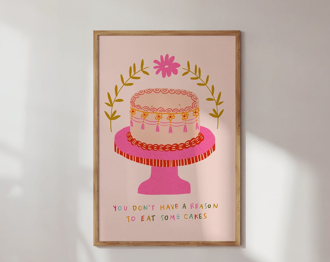Fun Birthday Cake Illustration Pink Dopamine Kitchen Wall Art