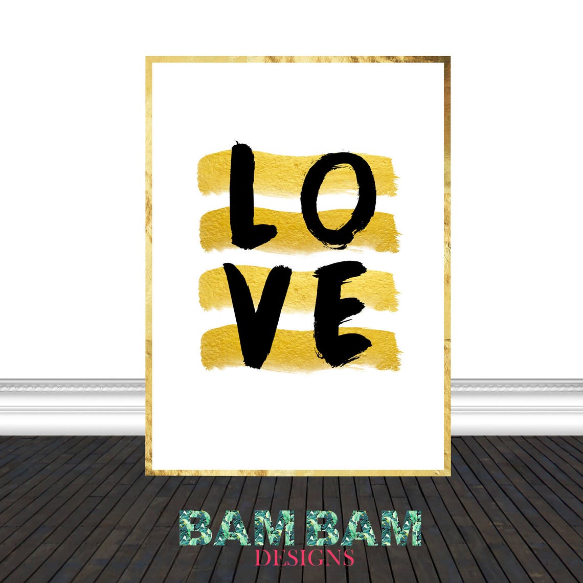LOVE Black Brush Lettering Gold Brushstroke Modern Glam Quote Poster - Image 3