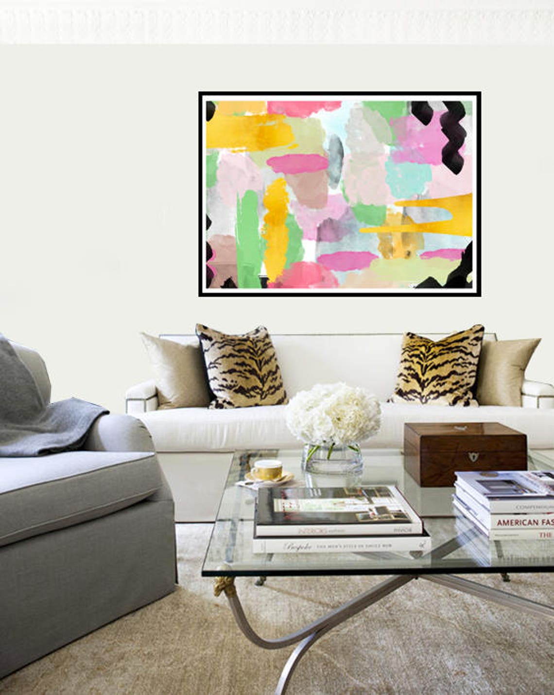 Colorful Abstract Brushstroke Pastel Yellow Pink Green Black Art Print - Image 2
