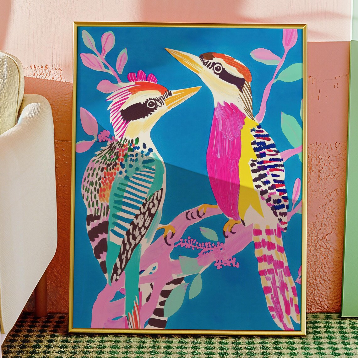 Colorful Woodpecker Pair Pink Blue Modern Bird Illustration Poster
