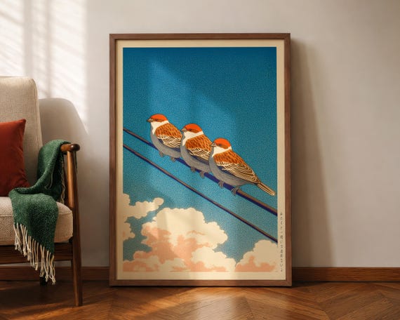 Japanese Bird Poster Sparrow Living Room Print Cozy Kitchen Decor Hasui Kawase Hiroaki Takahashi Style Shinhanga Wall Art