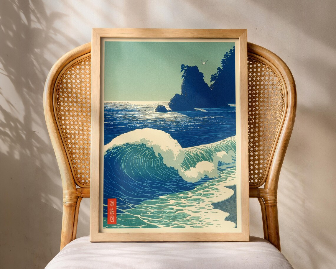 Japanese Great Wave Blue Ocean Seascape Woodblock Style Art Poster