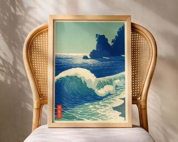Japanese Ocean Poster Blue Wave Seascape Print Living Room Decor Hasui Kawase Inspired Hiroaki Takahashi Style Shinhanga Wall Art