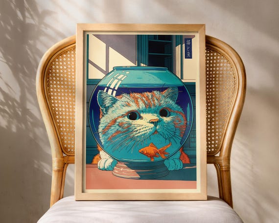 Japanese Cat Poster Goldfish Bowl Print Funny Living Room Wall Art Hasui Kawase Hiroaki Takahashi Style Shinhanga