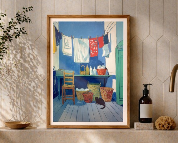 Sunny Laundry Room Scene With Cat Expressive Painterly Art Wall Poster