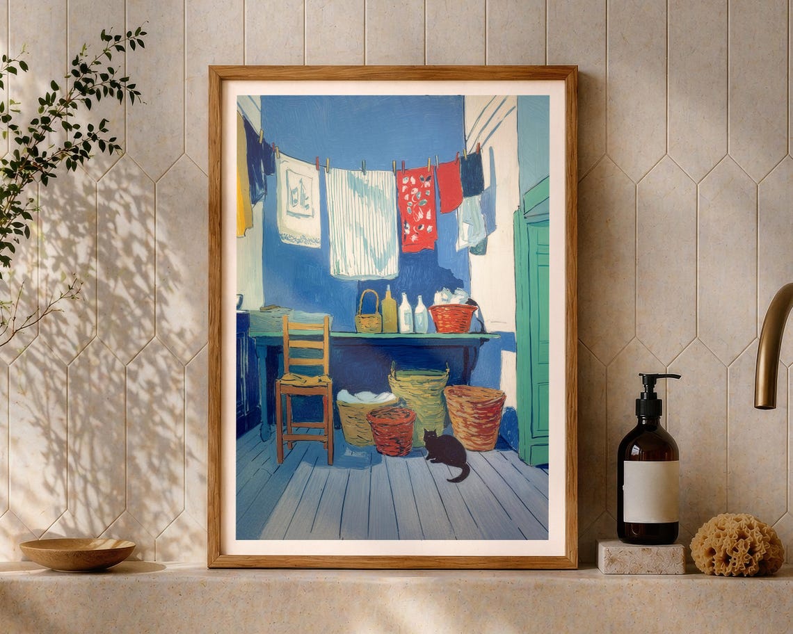 Sunny Laundry Room Scene With Cat Expressive Painterly Art Wall Poster