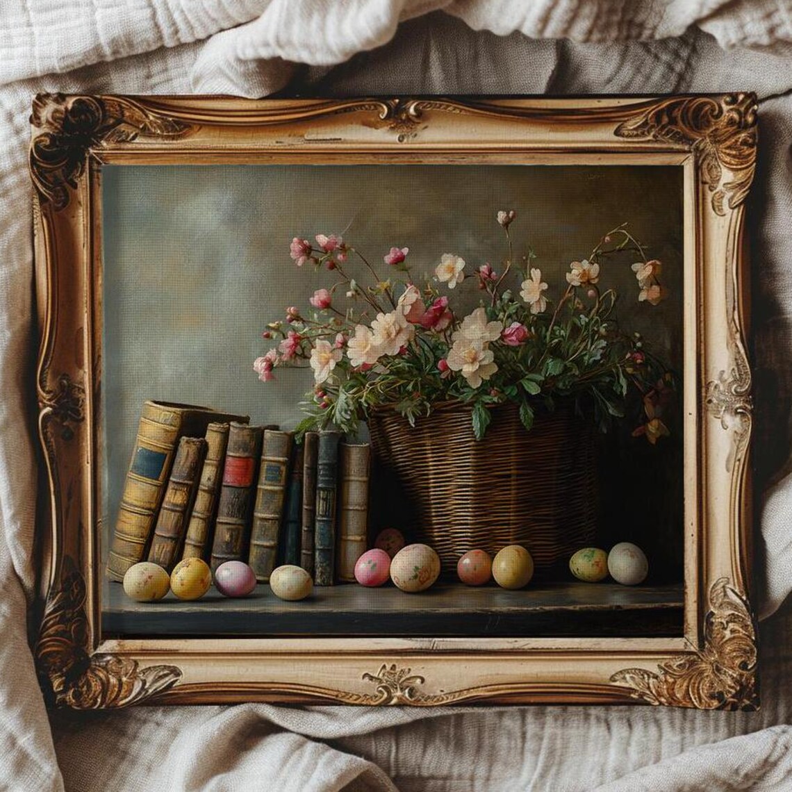 Antique Books with Spring Flowers and Painted Eggs Still Life Poster