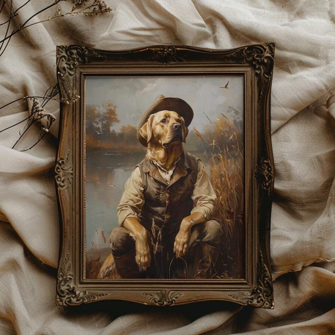 Yellow Labrador in Vest and Hat Sitting by a Marsh Lake Poster