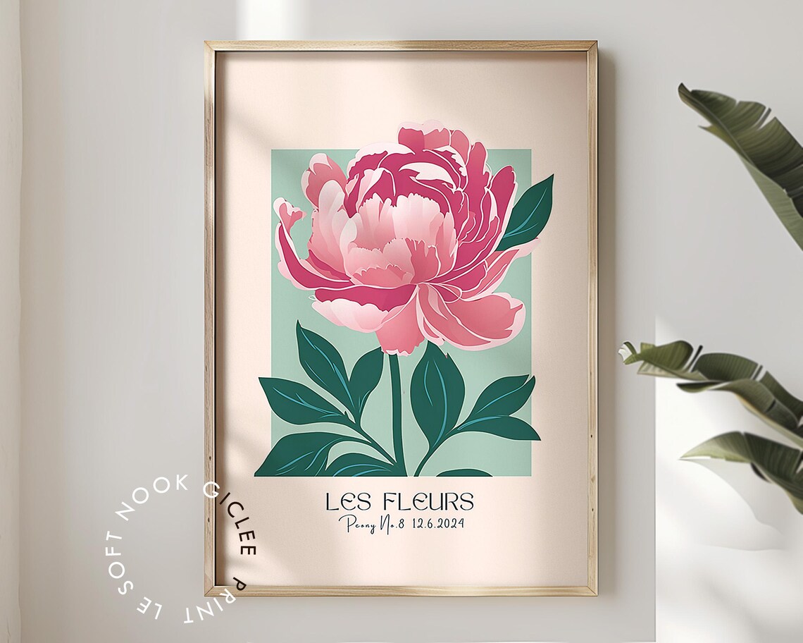Les Fleurs Pink Peony Mint Green Botanical French Art Poster