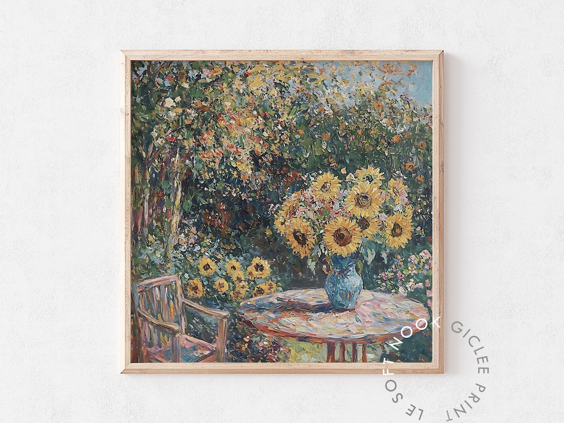 Sunflower Garden Table Chair Monet Style Impasto Floral Poster