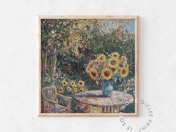 Abstract Sunflower In Garden Print Monet Floral Wall Art Summer Botanical Garden Cottage Farmhouse Decor Colorful Living Room Poster