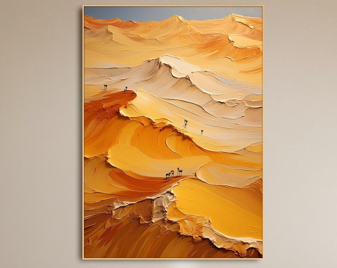 Golden Desert Dunes Tiny Camel Riders Impasto Warm Earth Tones Poster
