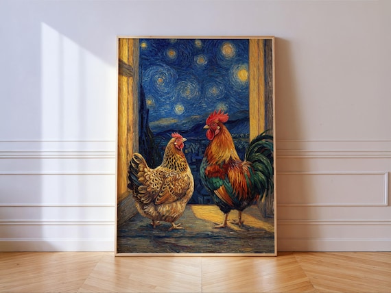 Chicken Starry Night Impressionist Art Print