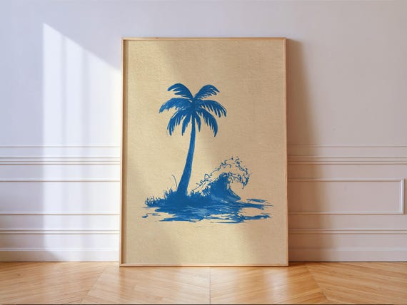 Palm Tree Wave Art Print Minimal Blue Coastal Wall Decor