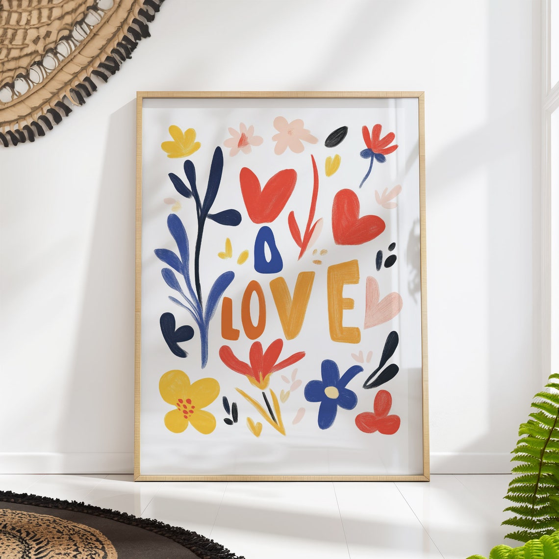 Love Typography With Colorful Flowers Hearts Bold Floral Wall Art