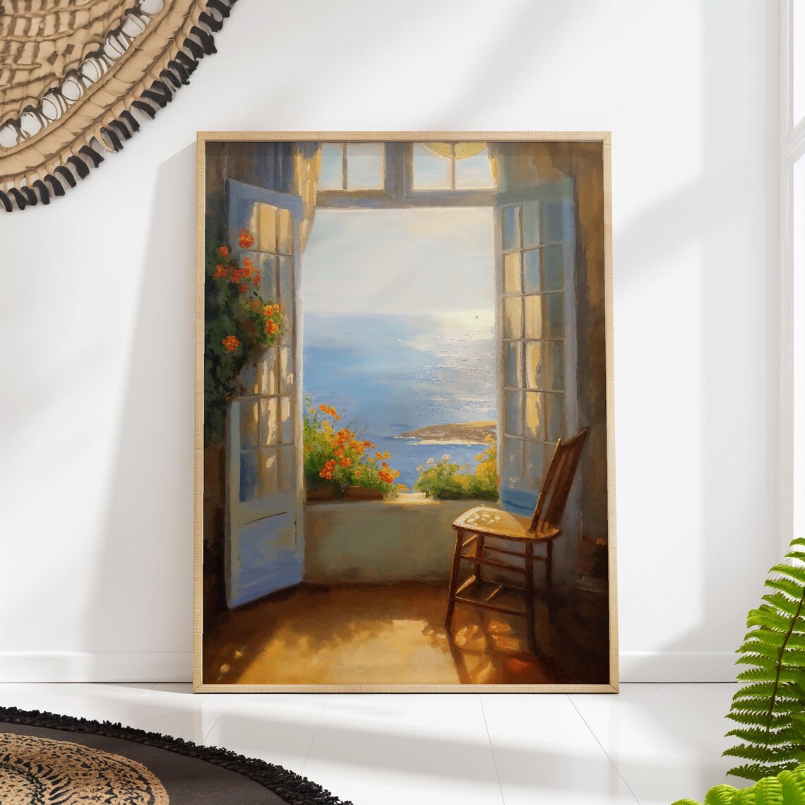 Sunny Sea View French Doors Bright Coastal Window Art Poster