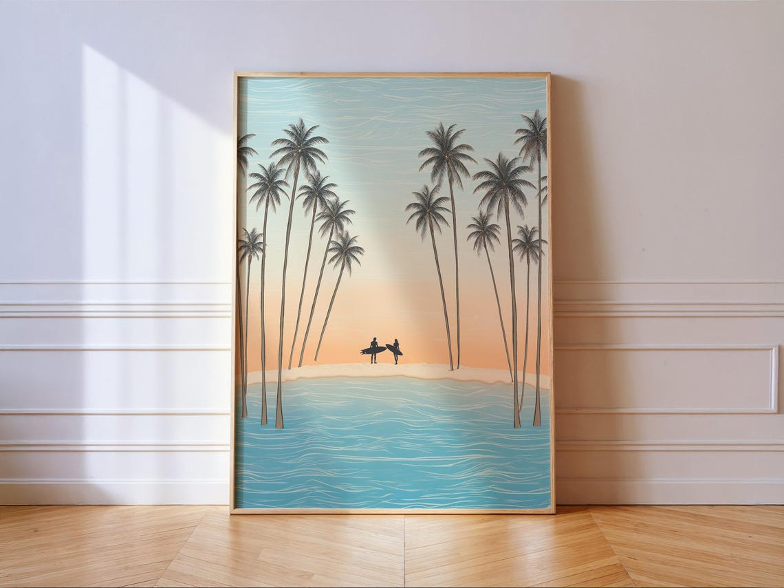 Tropical Beach Sunset Surfers and Palm Trees Coastal Art Poster