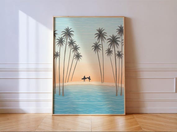 Tropical Beach Surfer Art Print Minimalist Sunset Palms And Surfing Poster Coastal Decor
